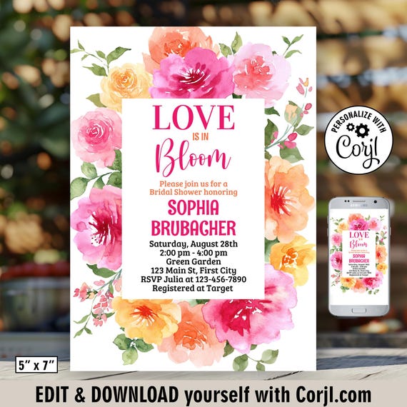 Love in bloom invite / bridal shower invitation / orange flowers / hot pink floral / vibrant blush fuchsia magenta yellow summer BRFL7 171