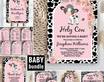 May include: A baby shower stationery bundle featuring a cow theme with black and white cow print borders, pink arched panels, and floral accents. The set includes invitations, game cards, thank you notes, and raffle tickets with text in black.