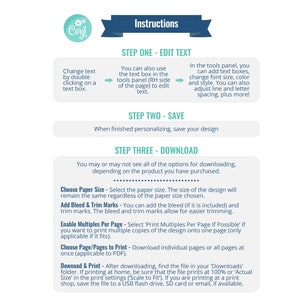 May include: Instructions for editing, saving, and downloading a digital design. The steps include editing text, changing font size, color, and style, saving the design, and downloading the file. The instructions also mention choosing paper size, adding bleed and trim marks, and enabling multiples per page.