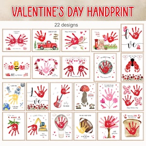 May include: A collection of 22 printable Valentine's Day handprint art designs. Each design features a different theme, such as a bee, a heart, a guitar, a hot air balloon, and a mushroom. The designs are perfect for creating personalized gifts for loved ones.