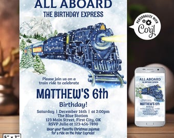 May include: A 5" x 7" invitation with a blue watercolor illustration of a train, mountains, and trees. The text reads "ALL ABOARD THE BIRTHDAY EXPRESS" and "MATTHEW'S 6th Birthday!" with event details. A smartphone displays the invitation.