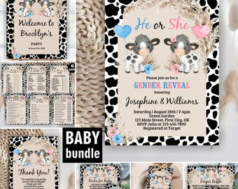 May include: A gender reveal party invitation set featuring a black and white cow print border, two cartoon calves, pampas grass, and blue and pink heart balloons. The text includes He or She, GENDER REVEAL, Josephine and Williams, and event details.