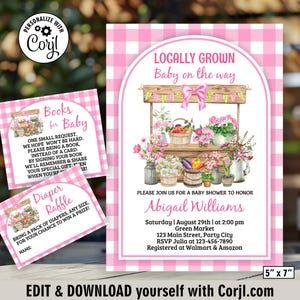 Faire-part roses, tombola de couches et carte livre / baby shower cultivé localement / invitation à un marché fermier / petite fille / boutique du marché BBLG2 151