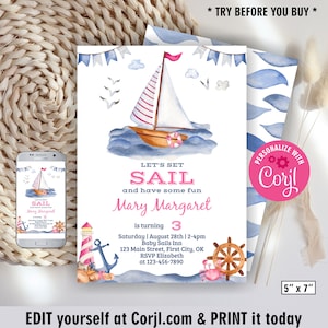 Boat / Editable / Nautical / anchor / birthday invitation / pink / girl / invite / under the sea lobster crab Sailor star sailing BDN1 179