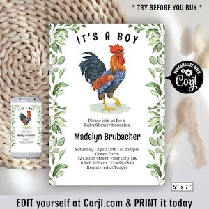 Boy / Rooster / baby shower / Chicken / Boho invitation / Party / Barnyard Invite / Kids / Farm / animals / chick / blue /BCK6 130