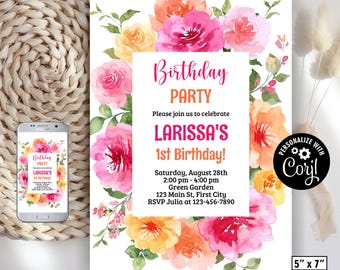 Pink  adult birthday invitation / orange / hot pink / floral invite / girl / vibrant blush fuchsia / flower / magenta yellow summer FL8 171