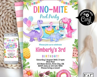 Dinosaurier / Geburtstag / Einladung / Pool / Party / Dino / wild / Dschungel / tropisch / Mädchen / pink / Luau / Aloha / Ananas Eis D14 224
