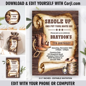 Cowboy / Birthday / Invitation / Rodeo / Saddle up / horse / Invite / baby / cow boy hat boots horseshoe wood vintage wanted BDCB1 162