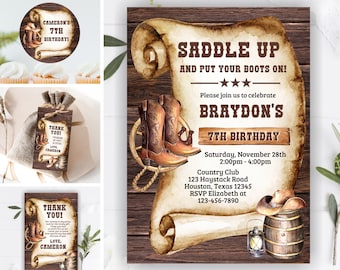 Cowboy / Birthday / Invitation / Rodeo / Saddle up / horse / Invite / baby / cow boy hat boots horseshoe wood vintage wanted BDCB1 162