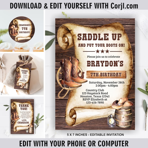 Cowboy / Birthday / Invitation / Rodeo / Saddle up / horse / Invite / baby / cow boy hat boots horseshoe wood vintage wanted BDCB1 162