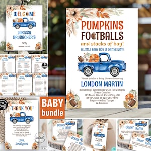 May include: A baby shower stationery bundle featuring a blue pickup truck, pumpkins, and footballs. The designs include text such as PUMPKINS FOOTBALLS and stacks of hay, A LITTLE BABY BOY IS ON THE WAY, and various game cards like Word Scramble and Diaper Raffle.