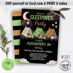 Sleepover / party / sleep over / instant access green brown black boy birthday invitation bonfire s'mores tent / camp / camping /BSL19/ 106