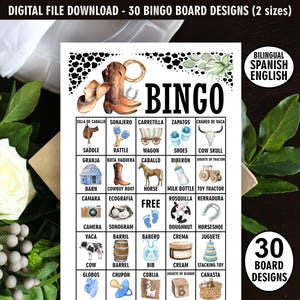 Bilingüe / Español Inglés / 30 tarjetas de bingo de vaqueros precargadas / caballo / juego de baby shower animales de granja western rodeo vaquero azul CW3 112