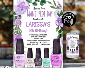 Mani pedi day / Spa / manicure / pedicure birthday invitation party floral flowers purple teal girl invite glam sleep over slumber BSpa7 193