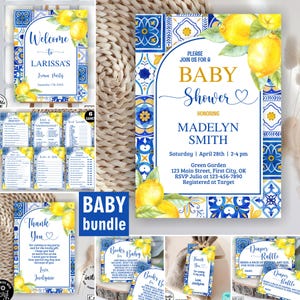 May include: A baby shower stationery bundle featuring a Mediterranean tile pattern in blue and yellow with lemon illustrations. The set includes invitations, game cards, thank you notes, and raffle tickets with text detailing event information.