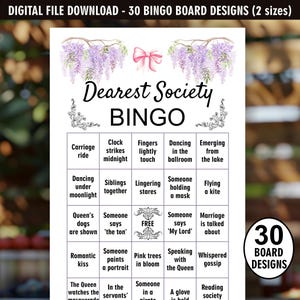 Puede incluir: Un juego de bingo imprimible con un diseño floral, con el texto "Dearest Society BINGO". El juego incluye 30 diseños de tablero y presenta varias indicaciones temáticas de tarjetas de llamada. La parte superior del tablero tiene un diseño floral.