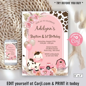 Cow / Baptism Invite / Girl / boho / Blush Pink / Birthday / Invitation / western / rodeo / cowgirl / cowboy / farm animals /BDC18 112