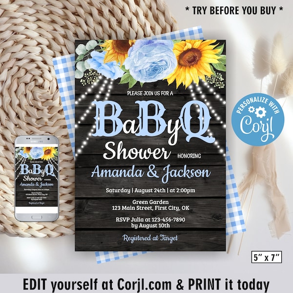 BBQ / BaByQ /Baby / Shower / boy / Invitation / Instant access / Editable Template / barbecue / floral / flowers / blue sunflower BBBQ2 120