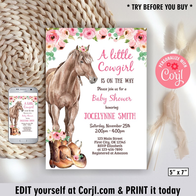 Horse cowgirl baby shower invitation little farm invite girl pink floral flowers party hat boots western diaper raffle book