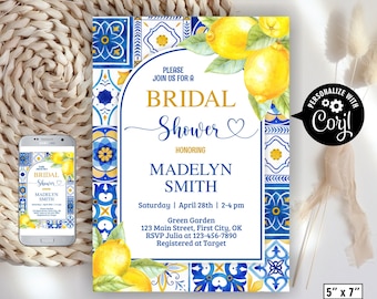 Mediterranean / Lemon / Bridal Shower Invitation / Italian / Blue Tiles / Invite / Main Squeeze / blue yellow food travel  lemonade BSL6 220