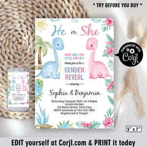 Dinosaur / Pink blue / Gender Reveal / boy girl / dino / baby shower / invitation / jungle / wild / tropical / invite boho /BSD8 224