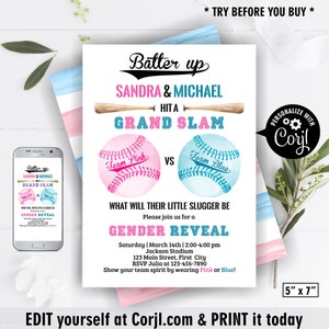 Gender reveal / baseball invitation / sports / ball / baby shower / editable / girl boy / pink blue / team /BBGR10 205