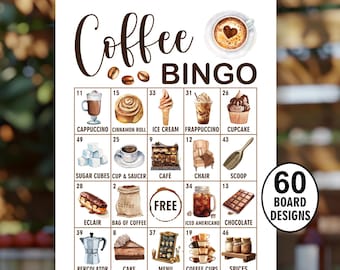 Bingo de café / 60 archivos digitales precargados Diseños de tableros / Juego de café temático / Juegos de fiesta / Despedida de soltera / Fiesta de cumpleaños de café C2 242