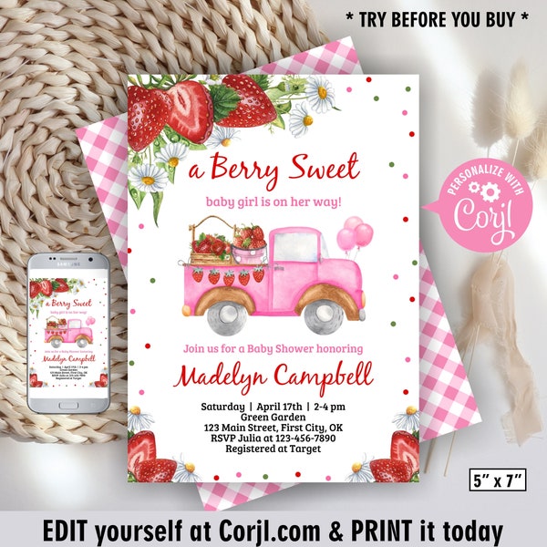 Strawberry / Sweet / Berry / Baby Shower Invitation / Pink / red plaid / food farm / daisy wildflower floral / girl Editable Invite BSW4 169