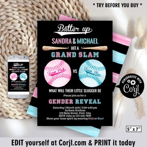 Gender reveal / baseball invitation / baby shower / editable / instant access / boy / sports ball / pink blue / girl boy team /BBGR6 205