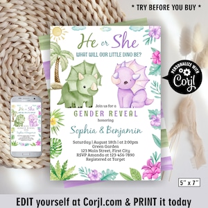 Dinosaur / Purple and green / Gender Reveal / boy girl / dino / baby shower / invitation / jungle / wild / tropical / invite boho /BSD6 224