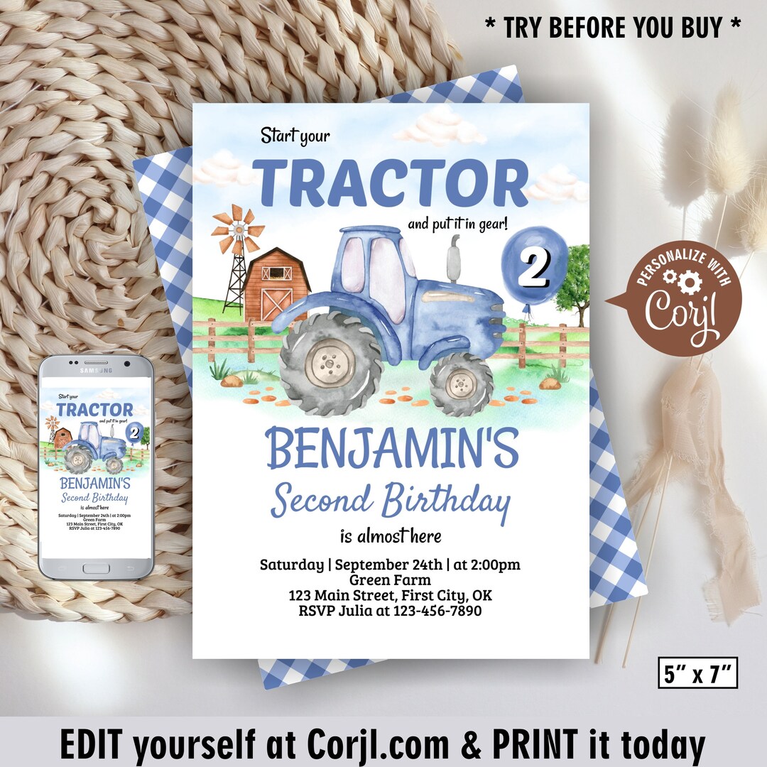 Tractor / Birthday / Invitation / Instant Access / Boy / Farm / Animals ...