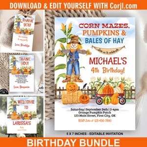 Pumpkins / invitation / corn mazes / hay bales / wagon / scarecrow / Birthday invite / pumpkin patch / autumn / fall / farm P45 147