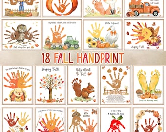 May include: A collection of 18 fall-themed handprint art prints. The prints feature various autumn images like pumpkins, foxes, owls, and turkeys, all created with handprints. Text includes "Harvest Hugs" and "Happy Fall!"