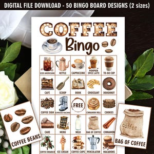 Bingo à café / 50 tableaux de fichiers numériques / Préremplis / jeux de société sur le thème du café / shower de bébé nuptiale au café / fête d'anniversaire au café C1 204