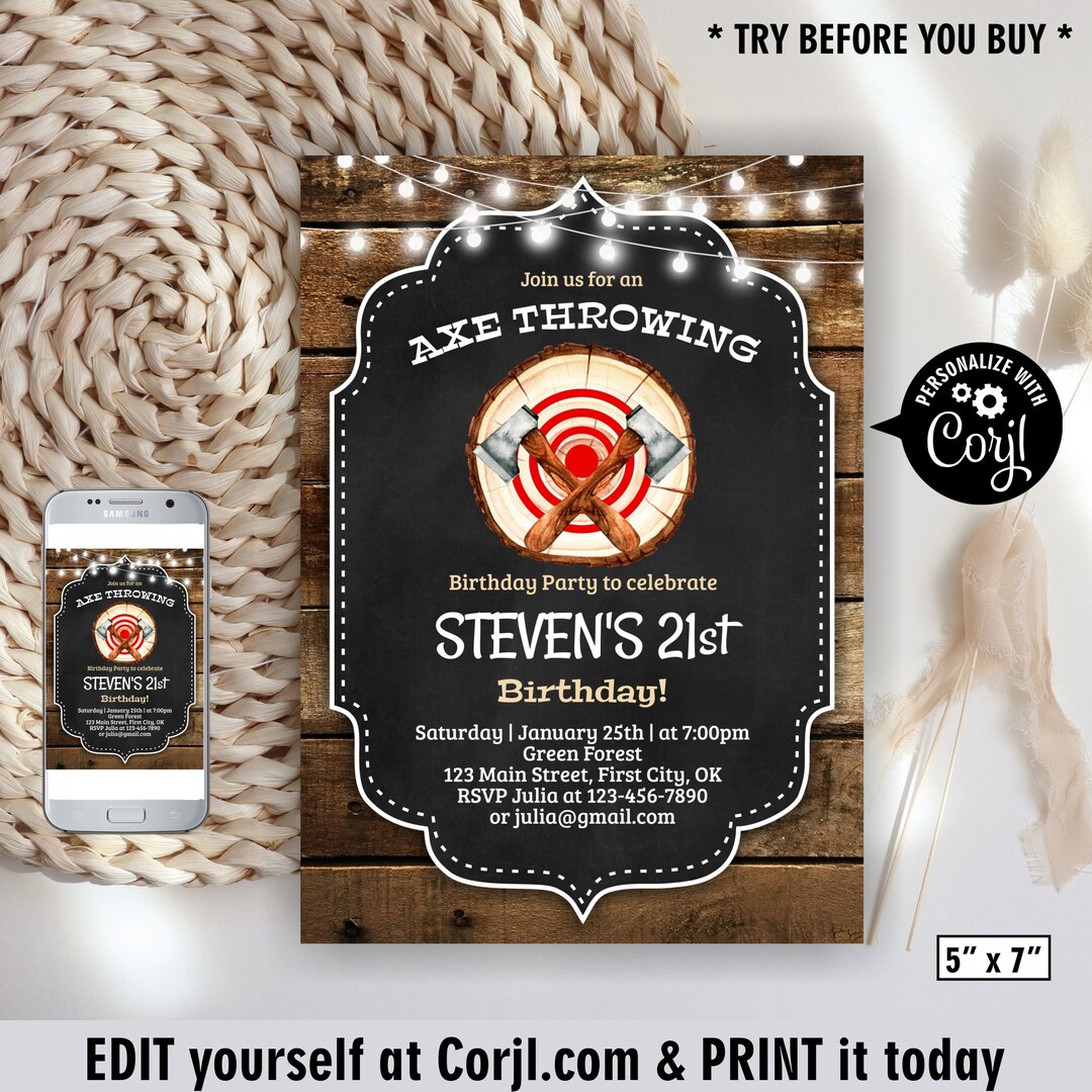 Axe Throwing / Birthday Invitation / Any Age / 30th 40th 50th / Wood