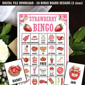 Morango rosa / Berry Sweet / Pré-preenchido / 50 ARQUIVOS DIGITAIS Cartões de bingo floral menina aniversário nupcial chá de bebê jogo cartões flores S4 169