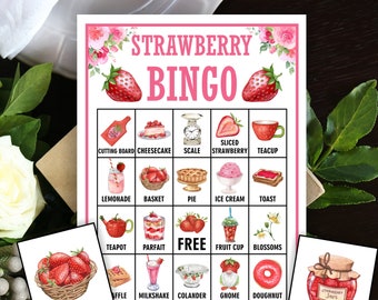 May include: A printable strawberry-themed bingo card with a pink and white background. The card features images of strawberries, a basket, a teapot, a milkshake, a colander, a gnome, a donut, and other strawberry-related items. The center square says "FREE".