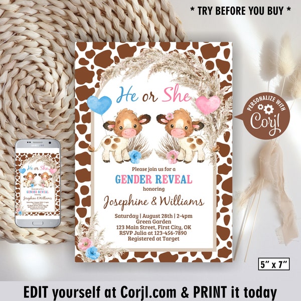 Gender Reveal / boy girl / blue pink balloon / Cow / cowboy / baby shower / invitation / farm animals / invite boho pampas grass BSCow53 112