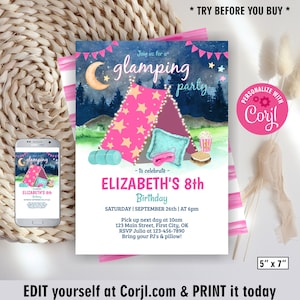 Sleepover / Slumber / party / movie night / drive / backyard bonfire glamping camping s&#39;mores pink teal girl birthday invitation BDSL11/ 106