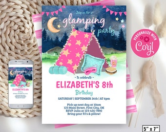 Sleepover / Slumber / party / movie night / drive / backyard bonfire glamping camping s'mores pink teal girl birthday invitation BDSL11/ 106