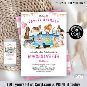 Dog / pink / girl / Pool Party / Birthday Invitation / Editable / Invite / Party / Breeds / Pool Paw-ty / Luau / Aloha / beach BDD9 217