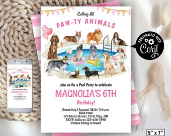 Op de afbeelding: Een roze en wit gestreepte uitnodiging met een aquarel-illustratie van honden op een poolparty. De uitnodiging zegt "Calling All Paw-Ty Animals" en "Magnolia's 6th Birthday!" met details over het feest. De uitnodiging is gepersonaliseerd met de tekst "Coryl".