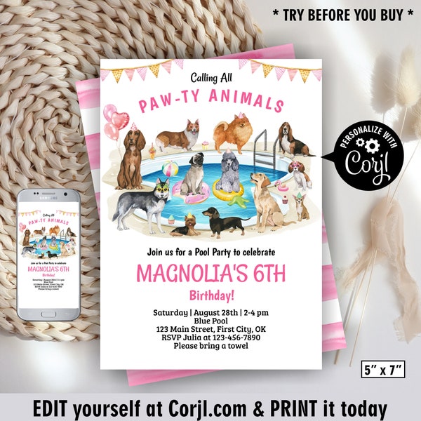 Dog / pink / girl / Pool Party / Birthday Invitation / Editable / Invite / Party / Breeds / Pool Paw-ty / Luau / Aloha / beach BDD9 217