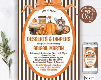 May include: An invitation for a baby sprinkle with a fall theme. The design features an orange bow, a pumpkin, and various desserts. The text reads "Desserts & Diapers" and includes event details and the name Abigail Martin.