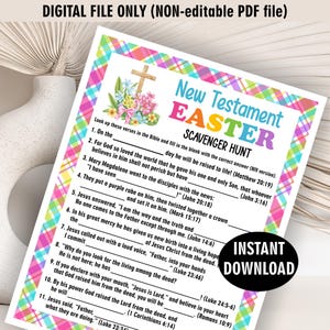 May include: A printable Easter scavenger hunt with a colorful plaid background and a cross with flowers at the top. The text "New Testament Easter Scavenger Hunt" is in a rainbow font. The hunt includes 11 questions about the Bible.