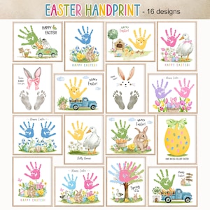 May include: A set of 16 printable Easter handprint art designs featuring various Easter themes, including bunnies, chicks, eggs, and spring flowers. The designs are perfect for creating personalized keepsakes with your child's handprints.