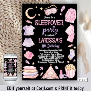 Sleepover party / spa / Slumber / boho / birthday / Glamping / camping / sleep over invitation pink purple girl backyard movie night S54 106