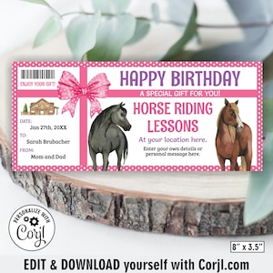 May include: A pink and white gift certificate for horse riding lessons. The certificate features a pink bow, two horse illustrations, and the text "Happy Birthday" and "Horse Riding Lessons". The dimensions are 8" x 3.5".