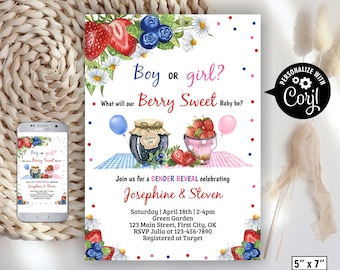 Berry Sweet / blueberry strawberry gender reveal baby shower invitation food invite farm floral daisy wildflower pink blue boy girl BSW6 169