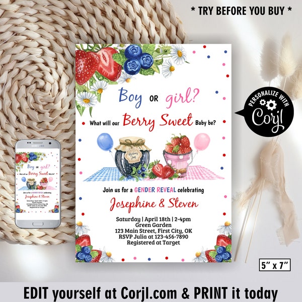 Berry Sweet / blueberry strawberry gender reveal baby shower invitation food invite farm floral daisy wildflower pink blue boy girl BSW6 169